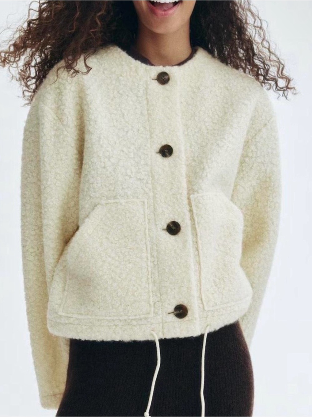 H&M Women's Cream Bouclé Button-Front Jacket